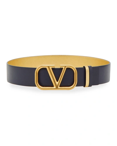 Shop Valentino Vlogo Reversible Leather Belt In Antique Brass