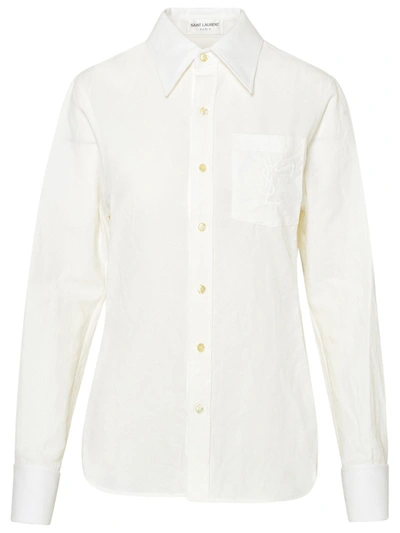 Shop Saint Laurent Monogram Patch Shirt In White