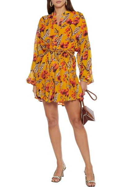 Shop A.l.c Jen Belted Floral-print Silk-crepon Mini Dress In Saffron