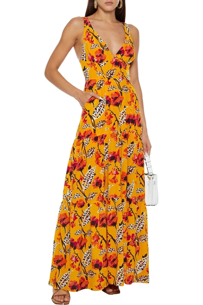 Shop A.l.c Rae Gathered Floral-print Silk Crepe De Chine Maxi Dress In Saffron
