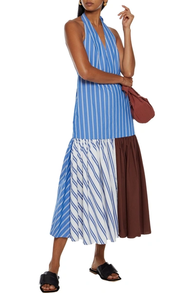 Shop Tibi Vivian Striped Cotton-blend Poplin Halterneck Midi Dress In Azure