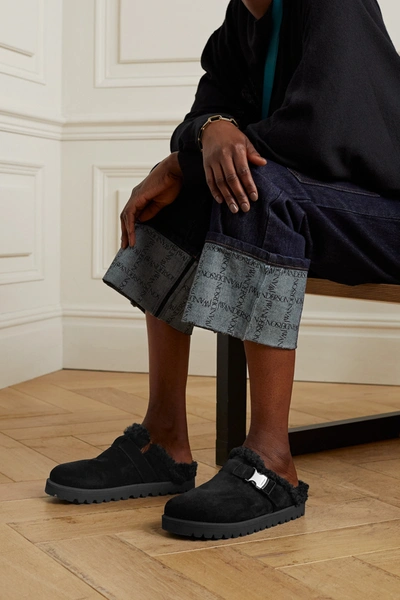 Moncler Mon Mule Suede Shearling-lined Slide Mules In Black