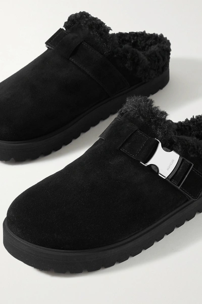 Moncler Mon Mule Suede Shearling-lined Slide Mules In Black | ModeSens
