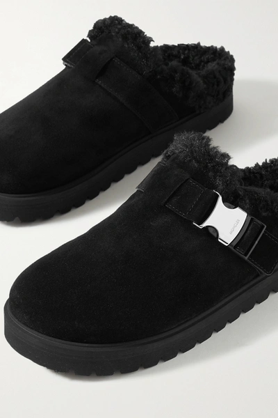 Moncler Mon Mule Suede Shearling-lined Slide Mules In Black