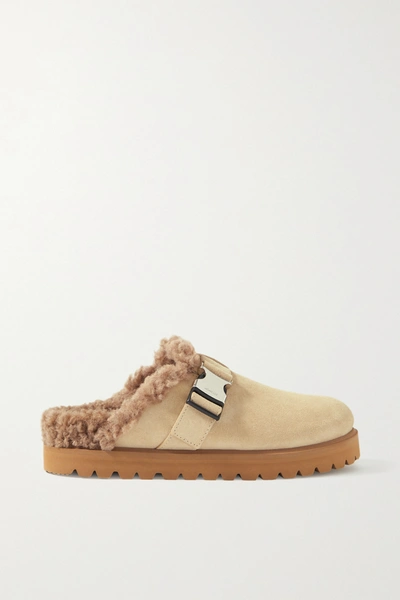 Shop Moncler Mon Faux Shearling-lined Suede Mules In Neutrals