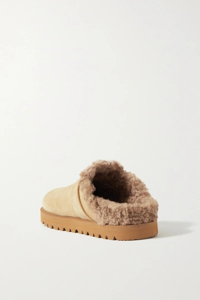 Shop Moncler Mon Faux Shearling-lined Suede Mules In Neutrals