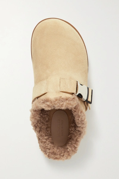 Shop Moncler Mon Faux Shearling-lined Suede Mules In Neutrals