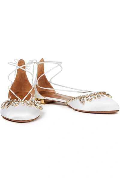 Shop Aquazzura Alexa Crystal-embellished Leather And Satin Ballet Flats In White