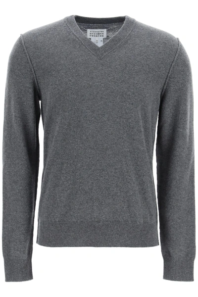Shop Maison Margiela V-neck Sweater With Inside-out Seams In Medium Grey (grey)