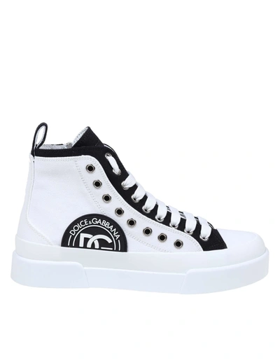 Shop Dolce & Gabbana Portofino Light Mid Top Sneakers In Canvas In White/black