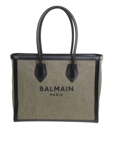 Shop Balmain Shopping B Army In Canvas Kaki And Leather In Kaki/noir