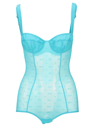 Shop Dolce & Gabbana Jacquard Tulle Balconette-bra Bodysuit In Sky Blue