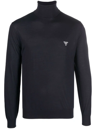 Shop Prada Embroidered-logo Long-sleeve Top In Blau