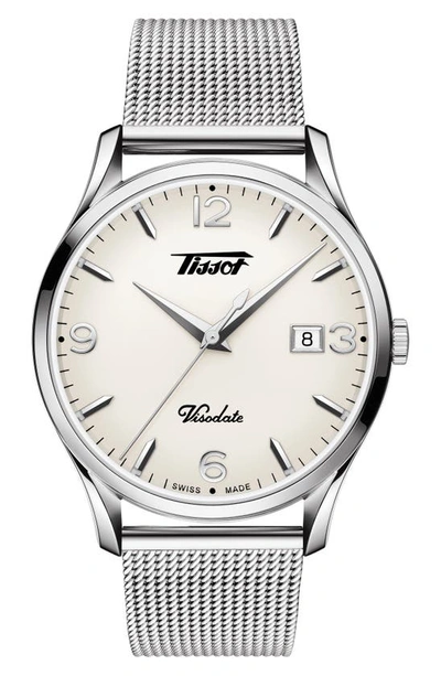 Shop Tissot Heritage Visodate Mesh Strap Watch, 40mm In Silver/ White/ Silver