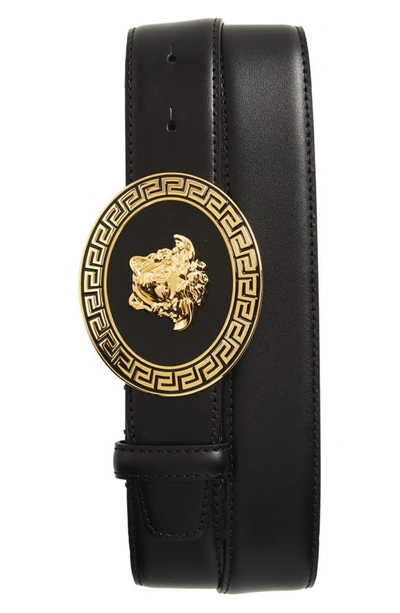 Shop Versace Oval Medusa Leather Belt In D41oh Black/gold