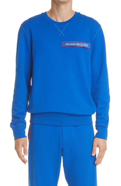 Shop Alexander Mcqueen Selvedge Logo Tape Cotton French Terry Sweatshirt In Bold Blue/ Mix
