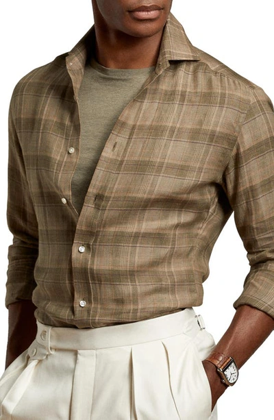 Shop Ralph Lauren Plaid Long Sleeve Button-up Linen Shirt In Olive Multi