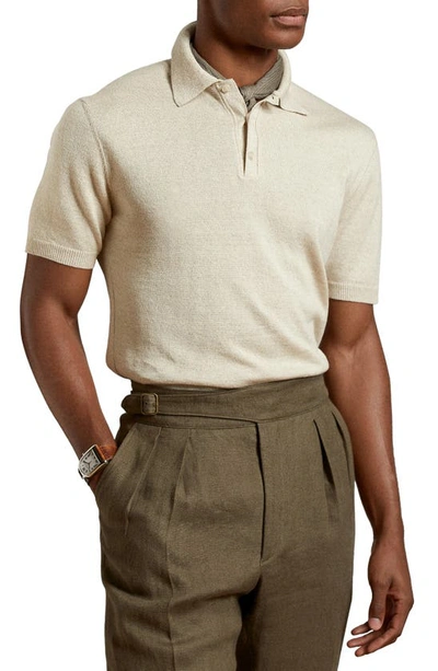 Shop Ralph Lauren Short Sleeve Linen Blend Polo Sweater In Desert Stone