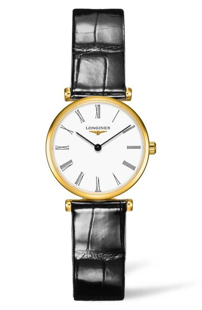 Shop Longines La Grande Classique De  Leather Strap Watch, 24mm In Black/ White/ Gold