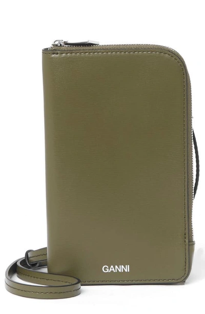 Shop Ganni Recycled Leather Phone Crossbody Bag In Green