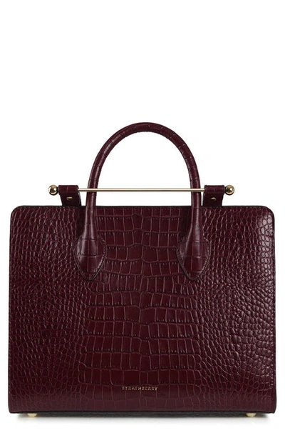 Shop Strathberry Midi Croc Embossed Leather Tote In Burgundy