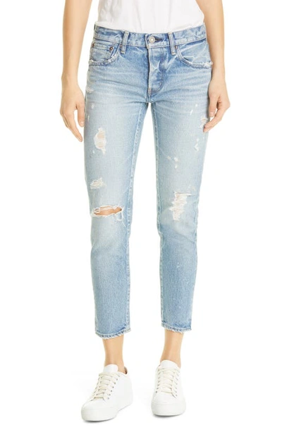 Shop Moussy Aberdeen Distressed Tapered Ankle Jeans In Blue