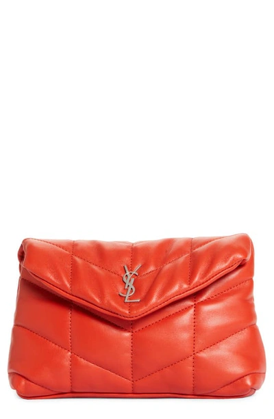 Saint Laurent Loulou Quilted Puffer Pouch Clutch Bag In Red Orange