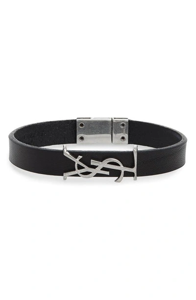 Shop Saint Laurent Opyum Ysl Leather Bracelet In Nero/ Silver
