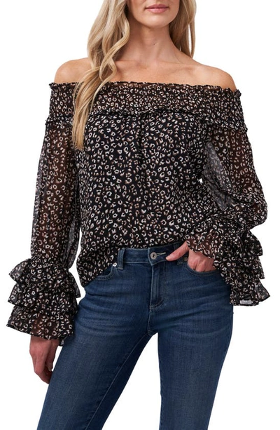 Shop Cece Leopard Print Off The Shoulder Ruffle Blouse In Rich Black