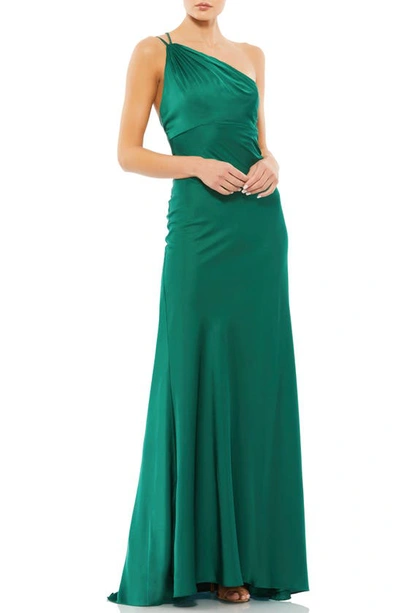 Shop Mac Duggal One-shoulder Satin Trumpet Gown In Emerald