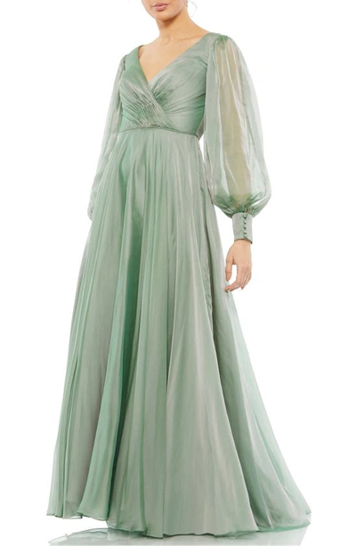 Shop Mac Duggal Illusion Long Sleeve A-line Gown In Sage
