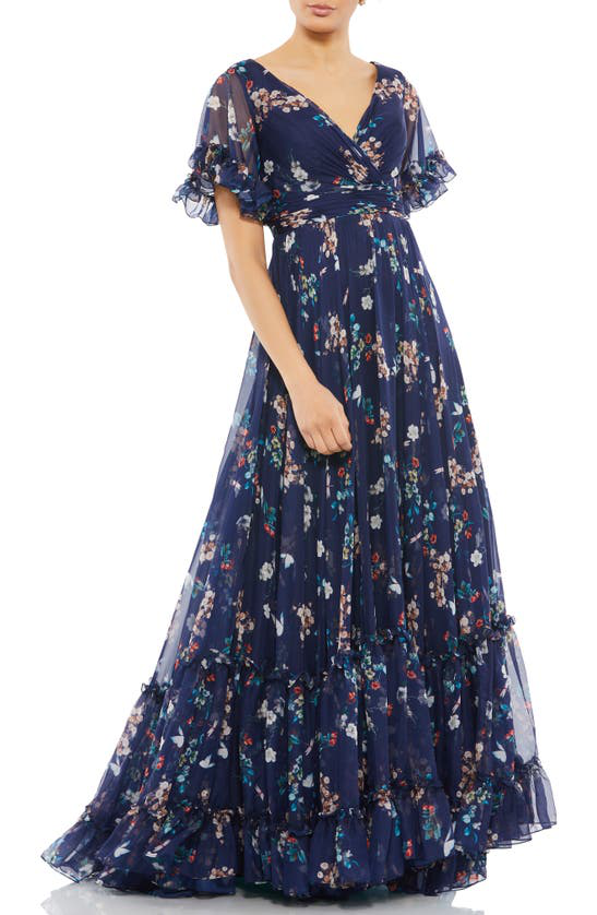 Mac Duggal Floral Empire Waist Chiffon Gown In Navy Multi | ModeSens