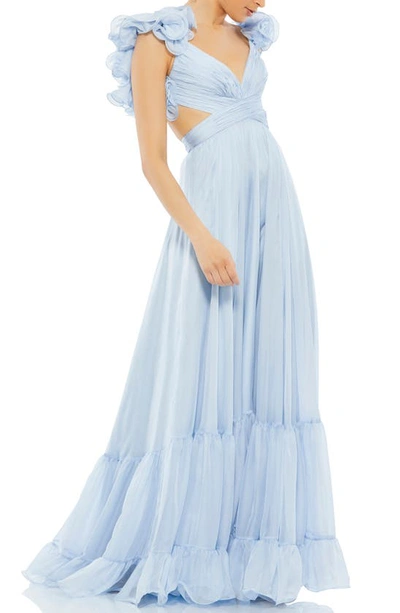Shop Mac Duggal Rosette Chiffon Cutout Empire Waist Gown In Powder Blue