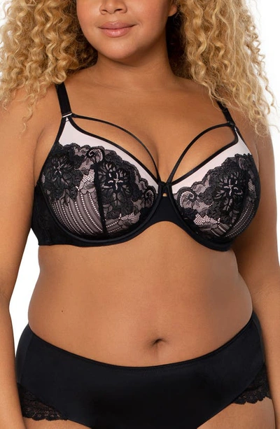 Shop Curvy Couture Tulip Strappy Lace Push-up Bra In Black W/ Adobe Rose
