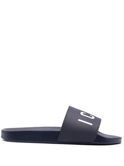 Dsquared2 Rubber Slides With Contrasting Icon Print In Blau
