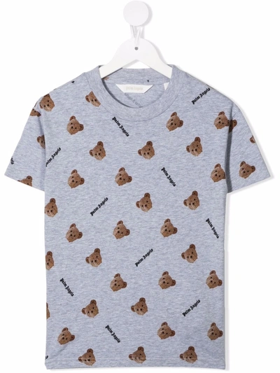 Palm Angels Kids Grey All-over Bear Logo T-shirt In Grey