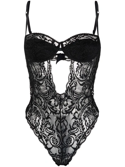 Shop Versace Lace-panel Sweetheart-neck Body In Black