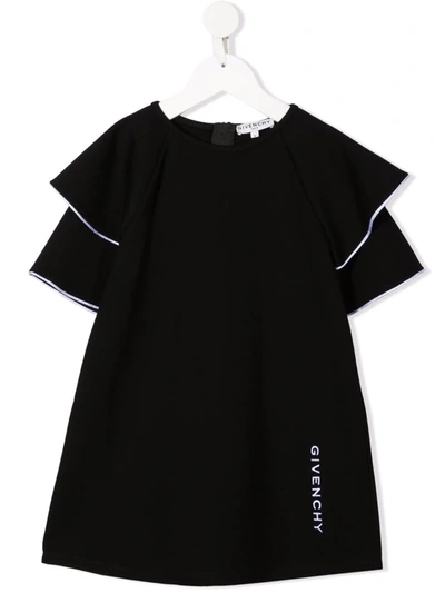 Shop Givenchy Embroidered-logo Ruffled-sleeves Dress In Black