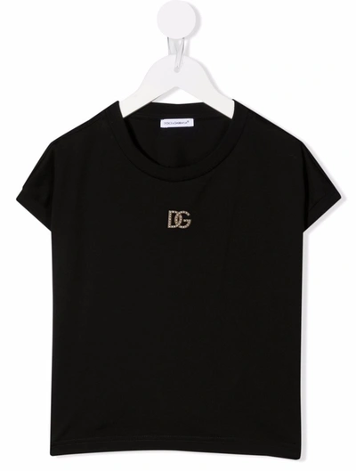 Dolce & Gabbana T-shirt Nera Cropped In Jersey Di Cotone Tema 90s Black | ModeSens