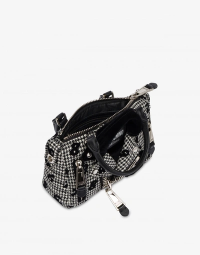 Shop Moschino Hounds-tooth Biker Hand Bag In White