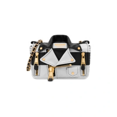 Shop Moschino Black & White Nappa Biker Bag