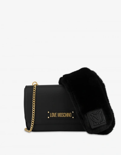 Shop Love Moschino Furry Scarf Shoulder Bag In Black
