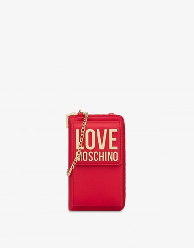 Shop Love Moschino Gold Metal Logo Mobile Phone Wallet In Black