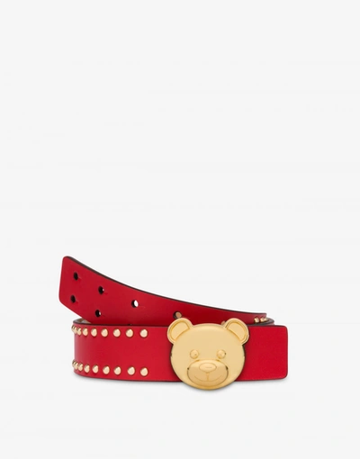 Shop Moschino Teddy Bear Studs Calfskin Belt In Red