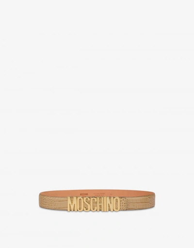Shop Moschino Lettering Logo Croco Print Calfskin Belt In Beige