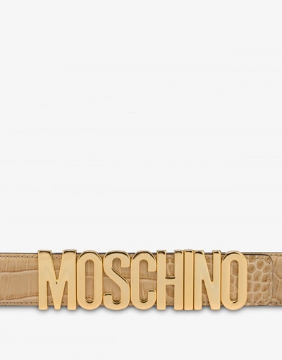 Shop Moschino Lettering Logo Croco Print Calfskin Belt In Beige