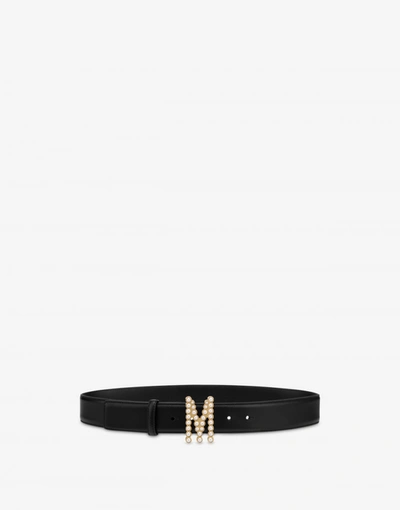 Shop Moschino M Pearls Calfskin Belt In Black