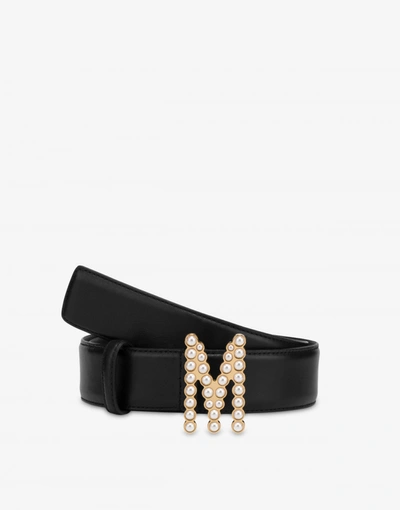 Shop Moschino M Pearls Calfskin Belt In Black