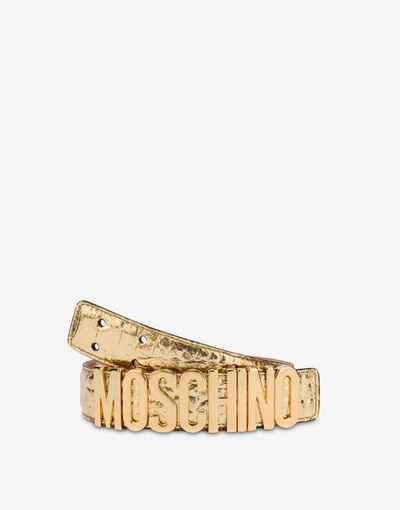 Shop Moschino Croco Print Laminated Belt In Gold
