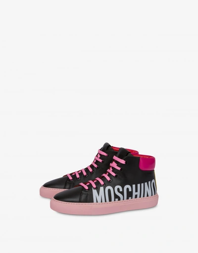 Shop Moschino Maxi Logo Calfskin High Sneakers In Black